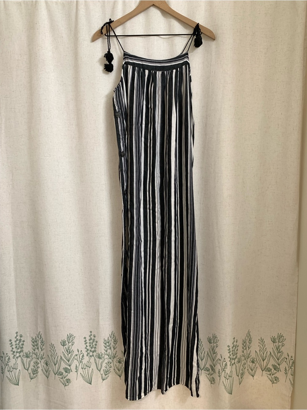 Madewell Linen Blend Black White Striped Maxi Dress Tassel Tie Straps 4